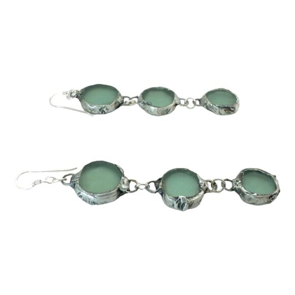 Triple Drop Sea Glass Artisan Earrings w/ Silver Blend Cabochons & 925 Hooks - Picture 7 of 15